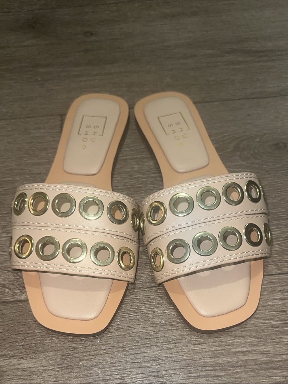 ShuShop Women's Cream Slide Sandals with Gold Eyelet Accent